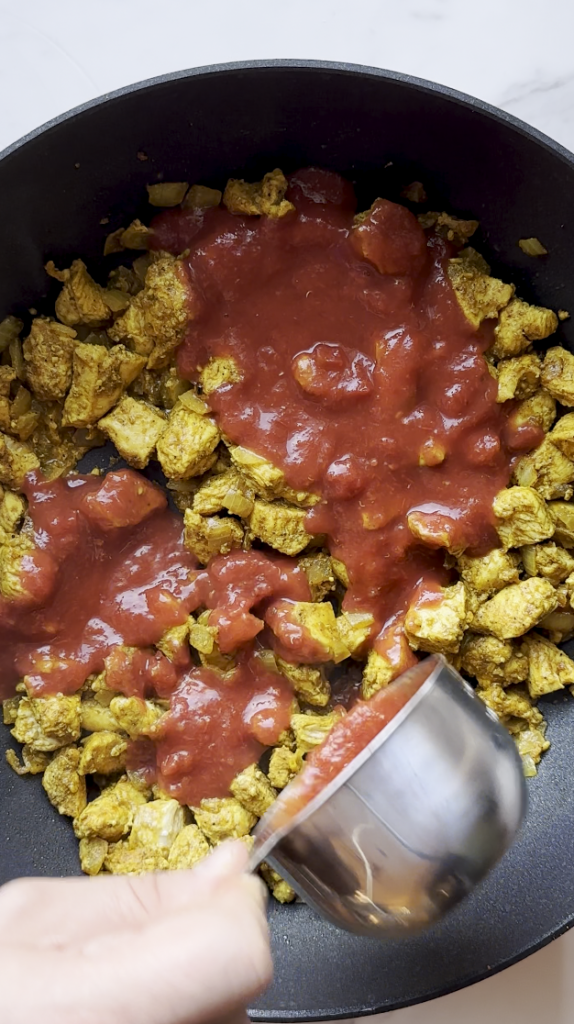 diced onions and cut up chicken and garlic with tomato sauce